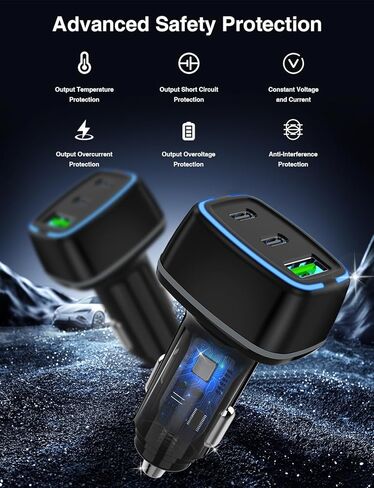 75W USB C Car Charger, 3-Port Super Fast Charging PD 3.0 & QC 3.0 Cigarette Lighter Adapter for iPhone 17/16/15 Pro Max, Samsung Galaxy S26/S25/S24 Ultra, with 4Pack 3FT+6.6FT Type C Cable in Kuwait