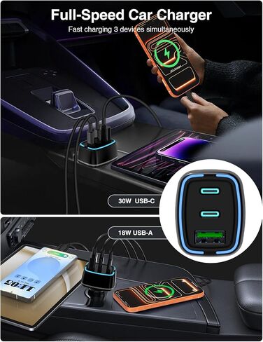 75W USB C Car Charger, 3-Port Super Fast Charging PD 3.0 & QC 3.0 Cigarette Lighter Adapter for iPhone 17/16/15 Pro Max, Samsung Galaxy S26/S25/S24 Ultra, with 4Pack 3FT+6.6FT Type C Cable in Kuwait