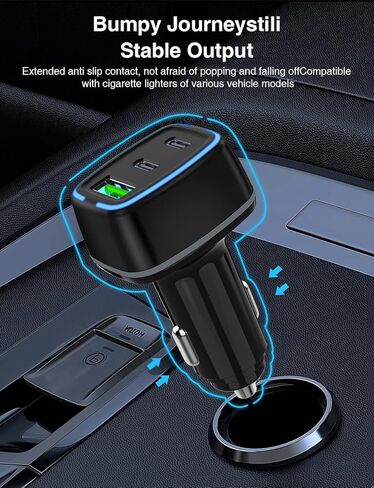75W USB C Car Charger, 3-Port Super Fast Charging PD 3.0 & QC 3.0 Cigarette Lighter Adapter for iPhone 17/16/15 Pro Max, Samsung Galaxy S26/S25/S24 Ultra, with 4Pack 3FT+6.6FT Type C Cable in Kuwait