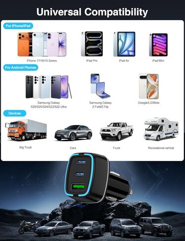 75W USB C Car Charger, 3-Port Super Fast Charging PD 3.0 & QC 3.0 Cigarette Lighter Adapter for iPhone 17/16/15 Pro Max, Samsung Galaxy S26/S25/S24 Ultra, with 4Pack 3FT+6.6FT Type C Cable in Kuwait