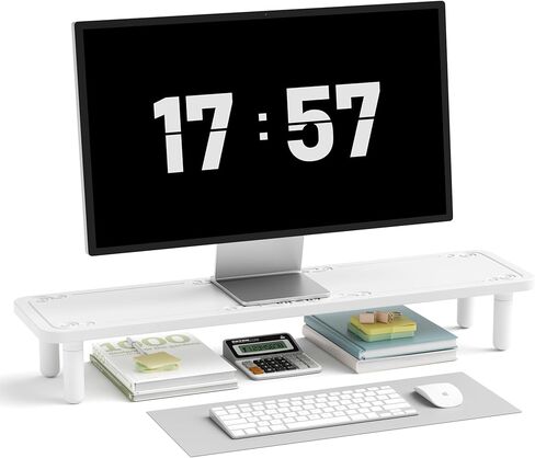 AFOOYO Dual Monitor Stand For Desk,31 Inch Adjustable Wood Computer Riser Desktop Storage Stand For Computer,Laptop,Printer,TV,White Scroll in Saudi Arabia
