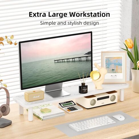 AFOOYO Dual Monitor Stand For Desk,31 Inch Adjustable Wood Computer Riser Desktop Storage Stand For Computer,Laptop,Printer,TV,White Scroll in Saudi Arabia