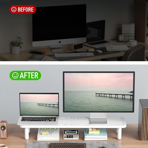 AFOOYO Dual Monitor Stand For Desk,31 Inch Adjustable Wood Computer Riser Desktop Storage Stand For Computer,Laptop,Printer,TV,White Scroll in Saudi Arabia