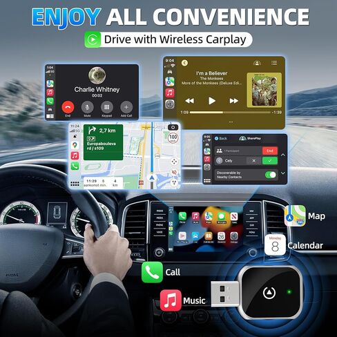 Wireless CarPlay Adapter for iPhone, 5.8GHz WiFi Bluetooth 5.3 Fast Auto Connect Dongle, USB A/C Dual Port Mini Metal Shell, Plug & Play Compatible with Factory Wired CarPlay Cars in Kuwait