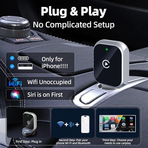 Wireless CarPlay Adapter for iPhone, 5.8GHz WiFi Bluetooth 5.3 Fast Auto Connect Dongle, USB A/C Dual Port Mini Metal Shell, Plug & Play Compatible with Factory Wired CarPlay Cars in Kuwait