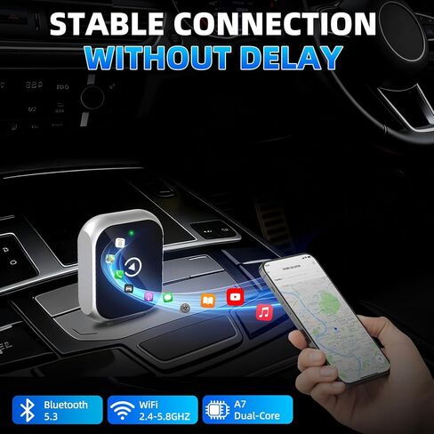 Wireless CarPlay Adapter for iPhone, 5.8GHz WiFi Bluetooth 5.3 Fast Auto Connect Dongle, USB A/C Dual Port Mini Metal Shell, Plug & Play Compatible with Factory Wired CarPlay Cars in Kuwait
