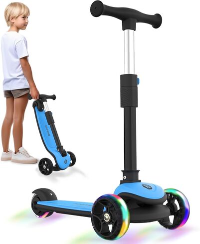 BELEEV A8 Scooter for Kids Ages 3-12, 3 Wheel Folding Scooter for Toddlers Girls Boys, LED Light-Up Wheels, 4 Adjustable Height, Lean to Steer, Extra Wide Wheels, Three Wheel Kick Scooter for Children in Saudi Arabia
