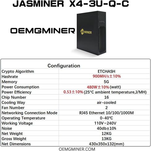 في المخزون الأمريكي Jasminer X4-3U-Q-C ETC ETHW Miner 900MH/s 480w 5G طاقة منخفضة Bulid-in PSU فائقة الصمت للتعدين المنزلي in Kuwait
