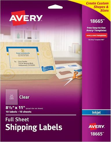 ملصقات شحن كاملة قابلة للطباعة من Avery، مقاس 8.5 بوصة × 11 بوصة، شفافة غير لامعة، 10 ملصقات بريدية فارغة (18665) in Kuwait