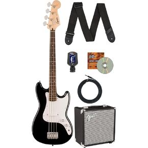 Fender Squier Sonic Bronco Bass Guitar - حزمة سوداء مع مضخم صوت Rumble 15 ، كابل ، موالف ، حزام ، و Austin Bazaar التعليمي DVD in Saudi Arabia