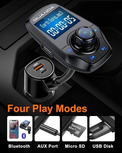 Bluetooth FM Transmitter (Upgraded Version) in-Car Wireless Radio Adapter Kit W 1.8" Color Display Hands-Free Call QC3.0 and Smart 2.4A Dual USB Ports, AUX Input/Output, TF Card MP3 Player in Saudi Arabia