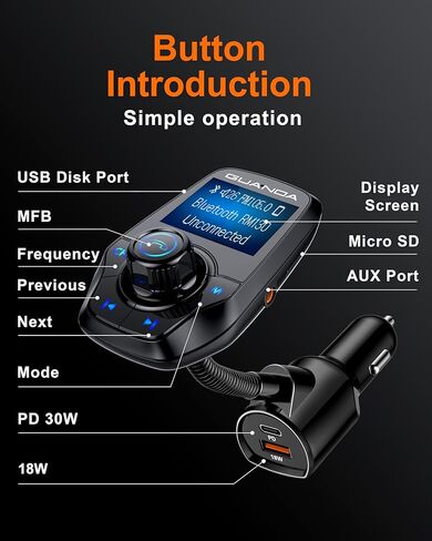 Bluetooth FM Transmitter (Upgraded Version) in-Car Wireless Radio Adapter Kit W 1.8" Color Display Hands-Free Call QC3.0 and Smart 2.4A Dual USB Ports, AUX Input/Output, TF Card MP3 Player in Saudi Arabia