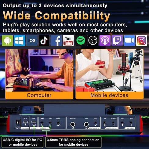 خلاط صوت معدات البودكاست Tenlamp G9 ، وحدة التحكم في بطاقة الصوت الحية مع الواجهات الصوتية Microphone 3.5/6.35mm ، تغيير الصوت ، تقليل الضوضاء in Saudi Arabia