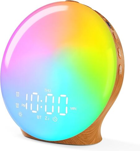 Wake Up Light Sunrise Alarm Clock for Kids, Heavy Sleepers, Bedroom, Bluetooth Speaker Sound Machine with 22 Natural Sounds, White Noise, Dual Alarms, FM Radio, 17 Color Night Lights, Ideal for Gift in Kuwait