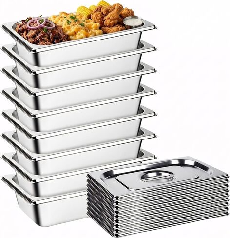 8pack Hotel Pans مع أغطية 1/4 مقلاة البخار من الفولاذ المقاوم للصدأ 2.55 "أحواض الفندق العميقة مضادة لتكديس حاويات الطعام القابلة للتكديس ، غسالة الصحون والأقواس المعدنية آمنة للفرن لتموين بوفيه الاستخدام التجاري in Saudi Arabia