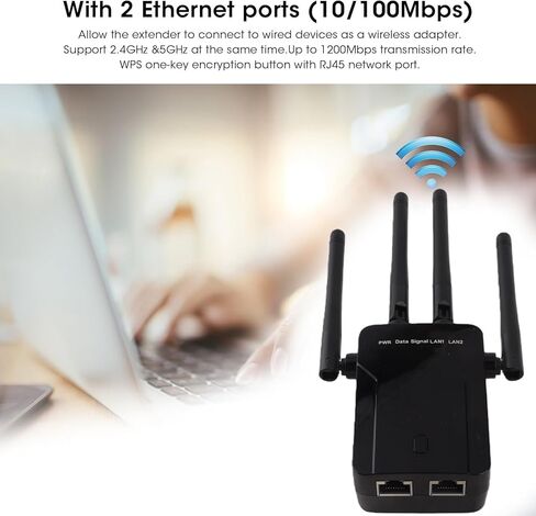 موسع نطاق WiFi مكرر لاسلكي 2 منفذ LAN معزز إشارة لاسلكية مكرر الإنترنت مع منفذ إيثرنت لجهاز التوجيه المنزلي مكبر صوت ثنائي النطاق (أسود) in Kuwait