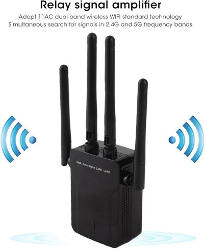 موسع نطاق WiFi مكرر لاسلكي 2 منفذ LAN معزز إشارة لاسلكية مكرر الإنترنت مع منفذ إيثرنت لجهاز التوجيه المنزلي مكبر صوت ثنائي النطاق (أسود) in Kuwait