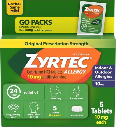 Zyrtec 24 Hour Allergy Relief Tablets, Allergy Medicine with 10 mg Cetirizine HCl per Antihistamine Tablet for Allergies, On-The-Go Relief, Individual Travel Pouches, 5 ct, (5 x 1 ct) in Saudi Arabia