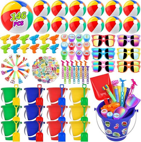 Pool Party Favors Beach Party Favors - 48 PCS Pool Toys For Kids Ages 3 4 5 6 7 8 Beach Balls Bulk, Sand Bucket and Shovels Set, Kids Sunglasses Bulk, Beach Summer Toys, Pool Party Supplies Sand toys in Kuwait
