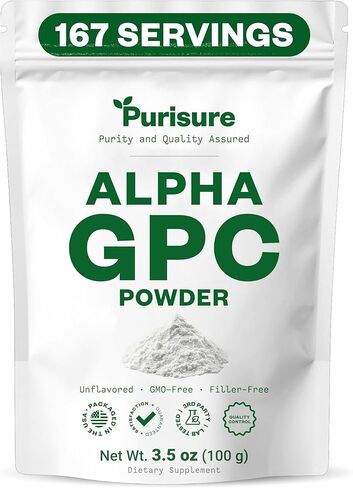 Purisure Alpha GPC 50% Powder, 100 g, Pure Alpha GPC Choline Supplement for Brain and Focus, CDP Choline Supplements for Memory Performance & Concentration, No Fillers, Non-GMO, Offers 167 Servings in Kuwait