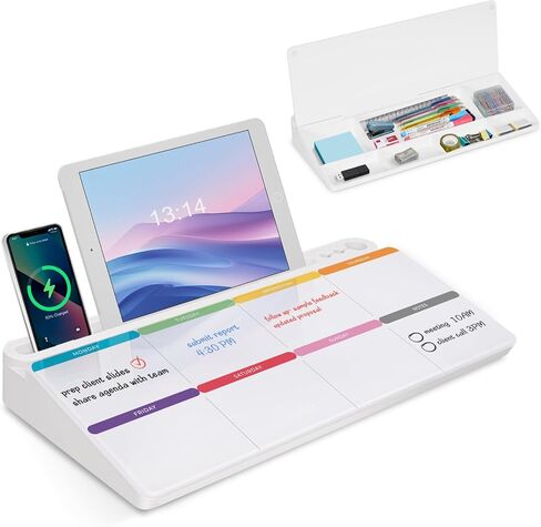 سبورة بيضاء زجاجية لسطح المكتب لمستلزمات مكتب التخزين، Beskboard Buddy مع حامل لوحة مفاتيح الكمبيوتر، لوحة بيضاء للمسح الجاف مع أدراج للمنزل والمدرسة ومنظمات مكتب المكتب وملحقاتها - أسود in Saudi Arabia