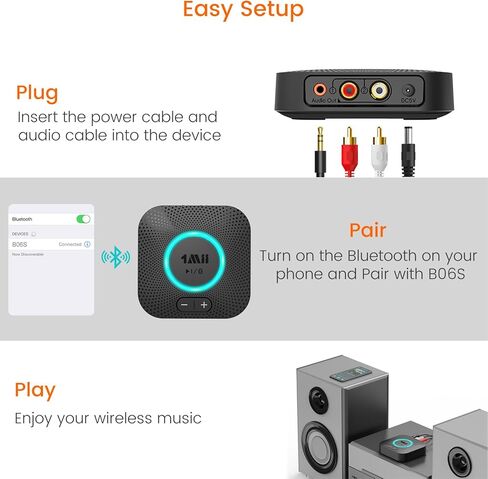 جهاز استقبال 1Mii B06S بلوتوث 5.2، محول صوت لاسلكي HiFi لنظام ستيريو منزلي مع aptX HD وزمن استجابة منخفض، التحكم في مستوى الصوت لمكبر صوت السيارة، مكبر للصوت، مع مخرجات 3.5 مم/RCA، نطاق طويل in Kuwait