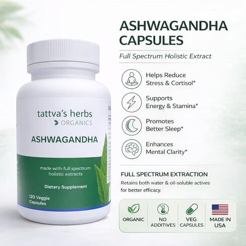 Tattva's Herbs Organic Ashwagandha Capsules, 4 Month Supply Natural Mood Support & Relaxation Formula, Energy Support Supplement, 240 Veggie Capsules in Saudi Arabia
