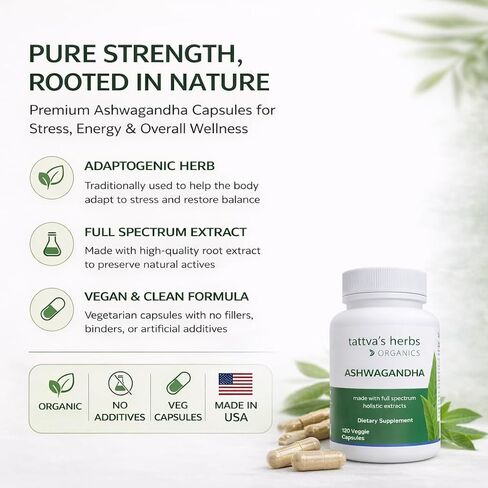 Tattva's Herbs Organic Ashwagandha Capsules, 4 Month Supply Natural Mood Support & Relaxation Formula, Energy Support Supplement, 240 Veggie Capsules in Saudi Arabia