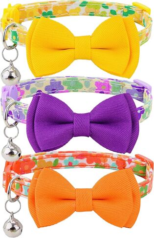 Cat Collar Set Pink 3pcs Leopard Plaid Solid Floral Bowtie Bell Safety Kitten Male Female Cats Kitten Pet [3pcs] Pink 1 in Kuwait