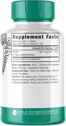 Nutri 5-MTHF L Methylfolate 1MG - كمية تكفي لمدة 4 أشهر، 120 قرص نباتي - مكمل حمض الفوليك الميثيل - الوظيفة الإدراكية، صحة القلب، دعم ما قبل الولادة - حمض الفوليك الميثيل، مكمل MTHFR in Saudi Arabia