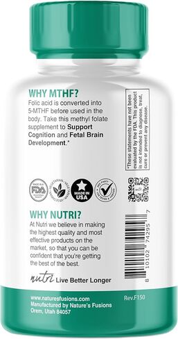 Nutri 5-MTHF L Methylfolate 1MG - كمية تكفي لمدة 4 أشهر، 120 قرص نباتي - مكمل حمض الفوليك الميثيل - الوظيفة الإدراكية، صحة القلب، دعم ما قبل الولادة - حمض الفوليك الميثيل، مكمل MTHFR in Saudi Arabia