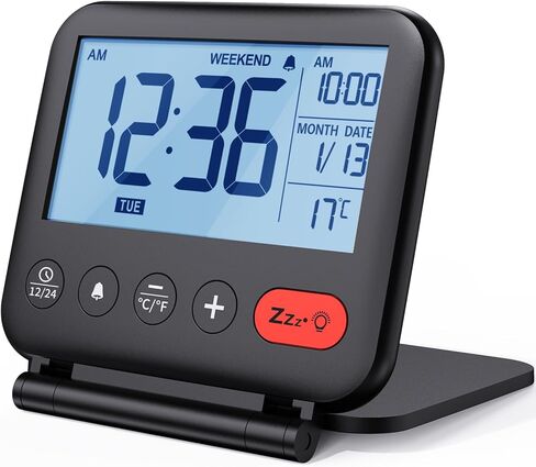 NOKLEAD Digital Travel Alarm Clock for Bedroom Office: Small LCD Desk Clock with Backlight Date Temperature Snooze 12/24H Weekend Mode and Mirror, Battery Powered Folding Bedside Clock for Adult Kids in Saudi Arabia