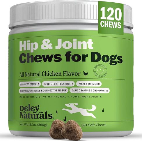 Deley Naturals, Advanced Arthritis Pain Relief for Dogs. Best Glucosamine for Dogs with Chondroitin, MSM & Organic Turmeric. 100% Natural Hip & Joint Supplement for Dogs. 120 Chicken Soft Chews in Kuwait