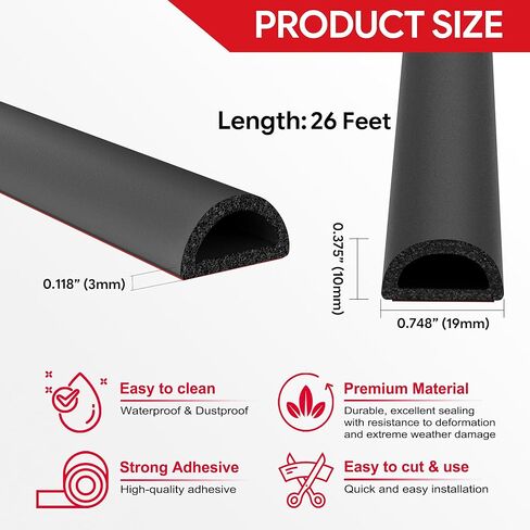 26 قدمًا من الطقس ، ختم الباب ، ختم ، لماص ، من طراز EPDM FOAM FOAM ، شريط الباب على شكل D ، وهو تجريد من الباب والنافذة ، RV ، القارب ، السيارات ، الشاحنة ، البحرية ، W: 0.75 "؛ H: 0.375" in Saudi Arabia