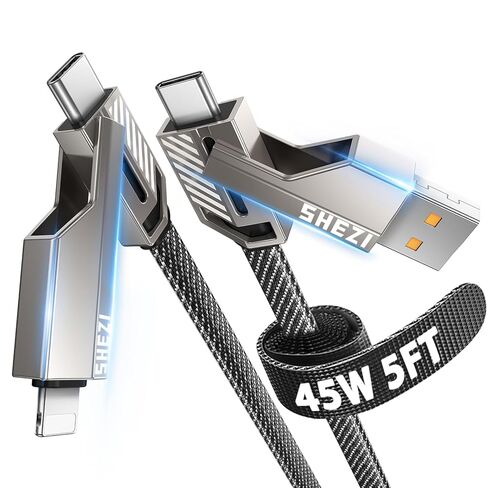 كابل USB C، [SHEZI-Style] 4 في 1 60 وات USB C إلى كابل شحن Lightning بطول 5 أقدام مسطح مضفر ومضاد للتشابك سلك شحن سريع مع منفذ Lightning متعدد/النوع C/USB A لهاتف iPhone iPad Samsung in Saudi Arabia