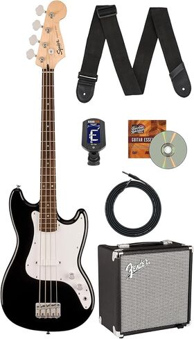 Fender Squier Sonic Bronco Bass Guitar - حزمة سوداء مع مضخم صوت Rumble 15 ، كابل ، موالف ، حزام ، و Austin Bazaar التعليمي DVD in Kuwait