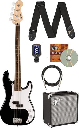 Fender Squier Sonic Sonic Precision Bass Guitar ، Laurel Fingerboard - حزمة سوداء مع مضخم صوت Rumble 15 ، كابل ، موالف ، حزام ، و Austin Bazaar التعليمي DVD in Saudi Arabia