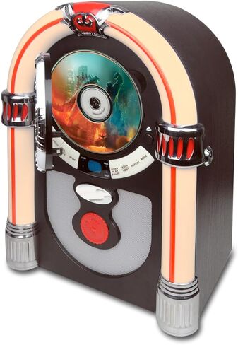 CD Jukebox مع بلوتوث، مكبر صوت Juke Box رقمي صغير على سطح الطاولة بمظهر قديم، راديو FM عتيق لاسلكي للمنزل، منفذ AUX-in وأضواء LED متغيرة الألوان in Saudi Arabia