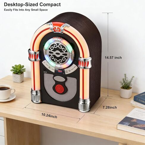 CD Jukebox مع بلوتوث، مكبر صوت Juke Box رقمي صغير على سطح الطاولة بمظهر قديم، راديو FM عتيق لاسلكي للمنزل، منفذ AUX-in وأضواء LED متغيرة الألوان in Saudi Arabia