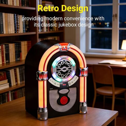 CD Jukebox مع بلوتوث، مكبر صوت Juke Box رقمي صغير على سطح الطاولة بمظهر قديم، راديو FM عتيق لاسلكي للمنزل، منفذ AUX-in وأضواء LED متغيرة الألوان in Saudi Arabia