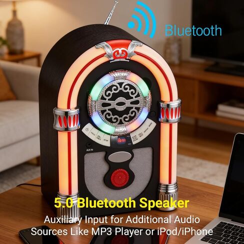 CD Jukebox مع بلوتوث، مكبر صوت Juke Box رقمي صغير على سطح الطاولة بمظهر قديم، راديو FM عتيق لاسلكي للمنزل، منفذ AUX-in وأضواء LED متغيرة الألوان in Saudi Arabia