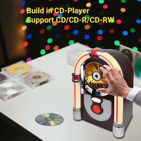 CD Jukebox مع بلوتوث، مكبر صوت Juke Box رقمي صغير على سطح الطاولة بمظهر قديم، راديو FM عتيق لاسلكي للمنزل، منفذ AUX-in وأضواء LED متغيرة الألوان in Saudi Arabia