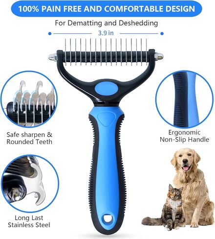 Pet Grooming Brush - Dual Sided Cats and Dogs Brush for Shedding and Dematting, Undercoat Rake for Dogs Gently Removes Loose Undercoat, Mats & Tangled Hair, Extra Safty, Gift for Firends in Saudi Arabia