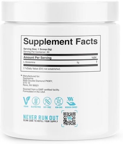 Swolverine L-Glutamine | Reduces Exercise Induced Muscle Soreness, Improves Recovery, Enhances Gut Health, Supports Immune Health, Vegan, Non-GMO, GF, Unflavored, 5g Per Serving, (60 Servings) in Saudi Arabia