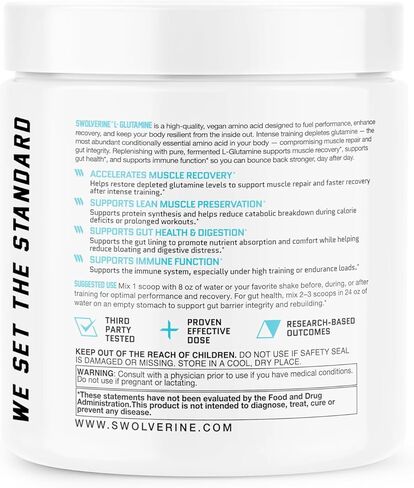 Swolverine L-Glutamine | Reduces Exercise Induced Muscle Soreness, Improves Recovery, Enhances Gut Health, Supports Immune Health, Vegan, Non-GMO, GF, Unflavored, 5g Per Serving, (60 Servings) in Saudi Arabia