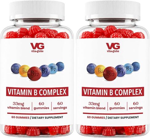VITA GLOBE VitaGlobe B Complex Gummy - Strawberry Flavor with Vitamin C, Niacin, B6, B12 & Biotin for Energy, Heart Health and Brain Support, 120 Count (Pack of 2) in Saudi Arabia