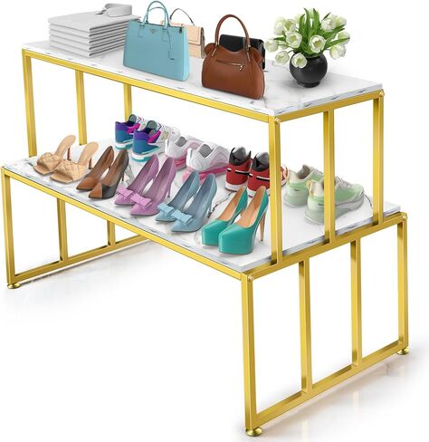 CIVANA Metal Shoe Handbag Display Stand, 2 Tier Heavy Duty Display Table, Modern Standing Display Riser Shelf for Retail Stores, Iron and Wood, Gold in Saudi Arabia