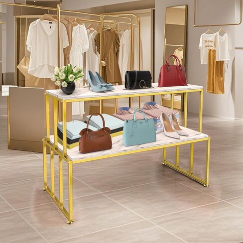 CIVANA Metal Shoe Handbag Display Stand, 2 Tier Heavy Duty Display Table, Modern Standing Display Riser Shelf for Retail Stores, Iron and Wood, Gold in Saudi Arabia