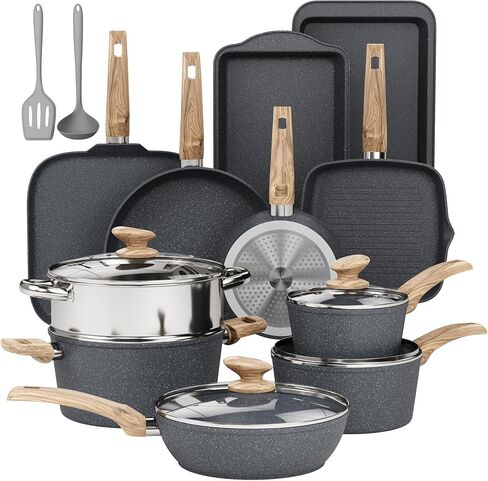 DishDelight 17 Piece Nonstick Pots and Pans Set, Induction Nonstick Kitchen Cookware Set, Nonstick Frying Pan Set, Gray in Saudi Arabia