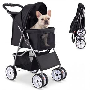 Giantex Folding Dog Stroller, Pet Stroller for Small Medium Dogs Cats Puppy, 4 Lockable Wheels Cat Stroller Travel Carrier Strolling Cart with Safety Belt, Removable Liner and Storage Basket (Beige) in Saudi Arabia